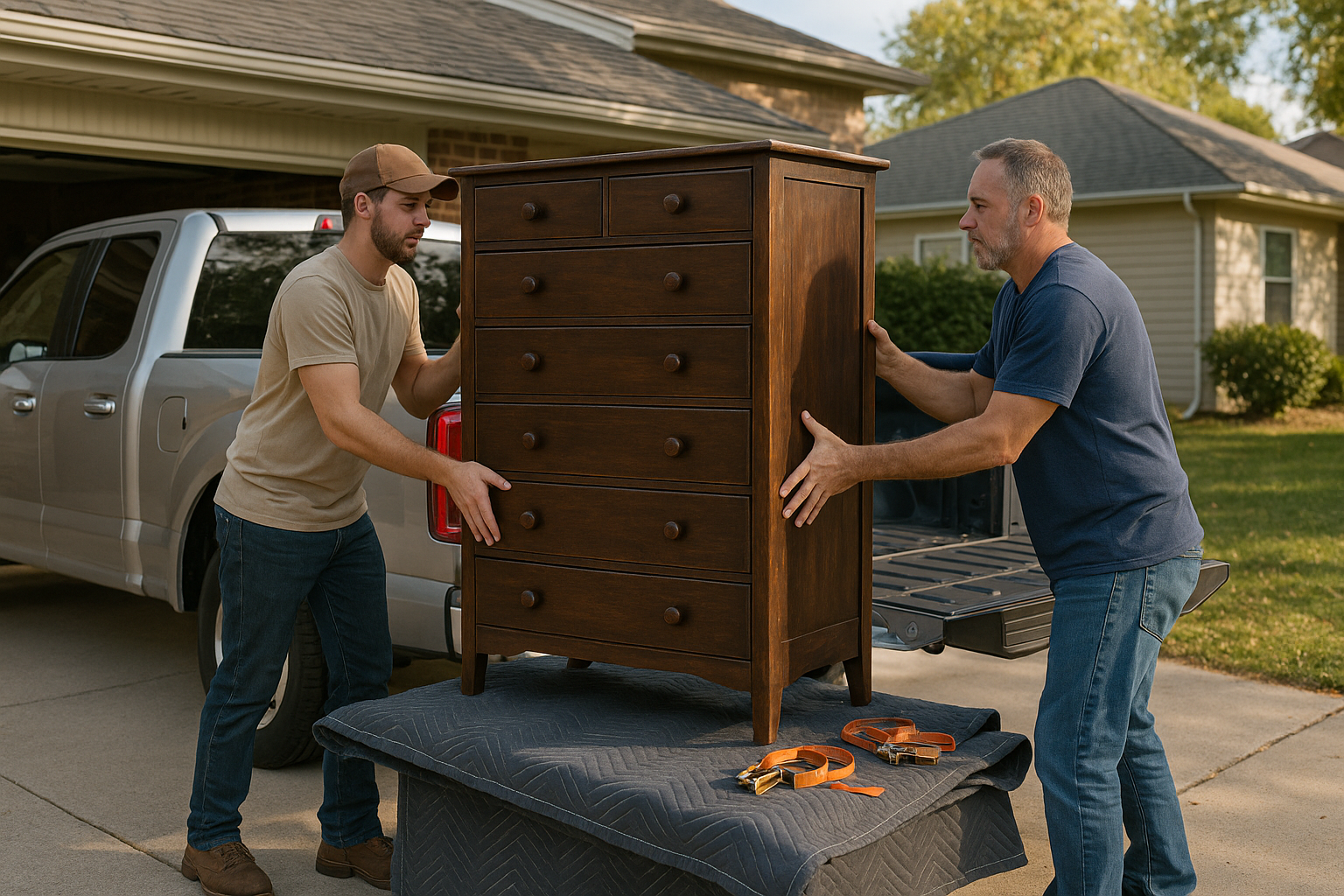 Two people loading a large marketplace dresser into a pickup truck with moving blankets and straps