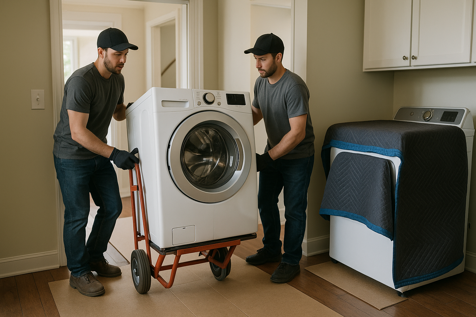 Two people moving a washer with an appliance dolly over protected flooring.