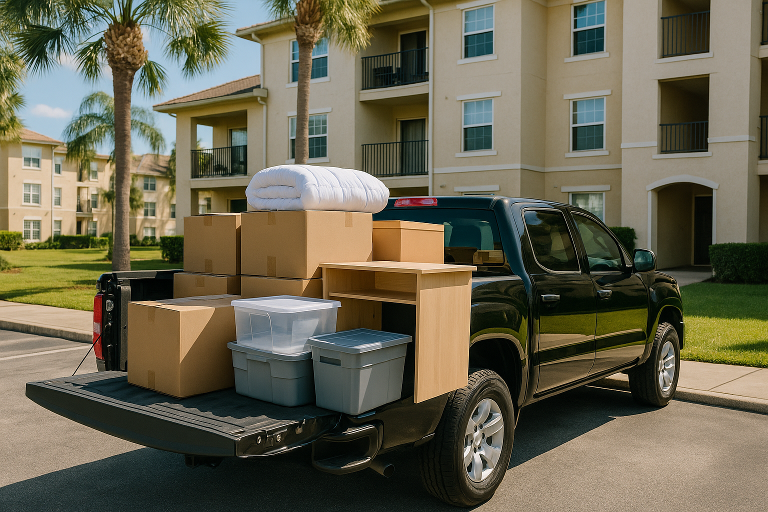 Pickup truck loaded with dorm boxes and small furniture during a college move in Pinellas County.