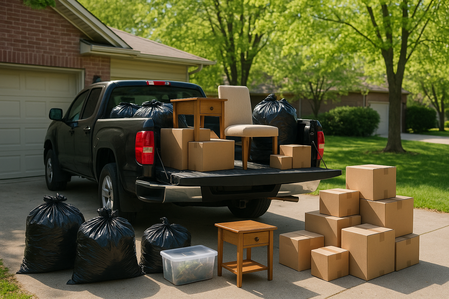 Pickup truck loaded with sorted spring cleaning clutter, boxes, and yard waste in a driveway