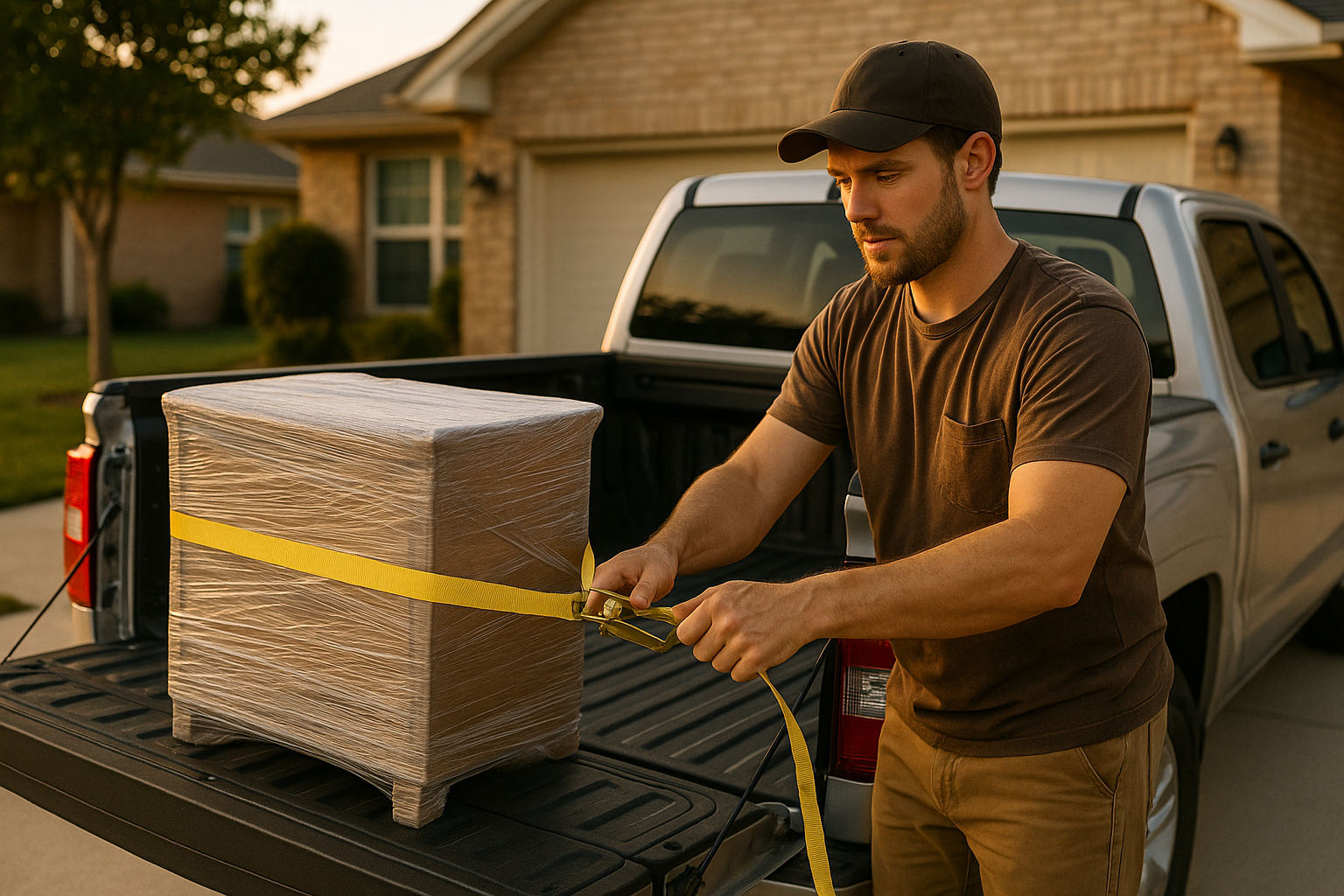 Pickup truck owner securing furniture in the truck bed after work