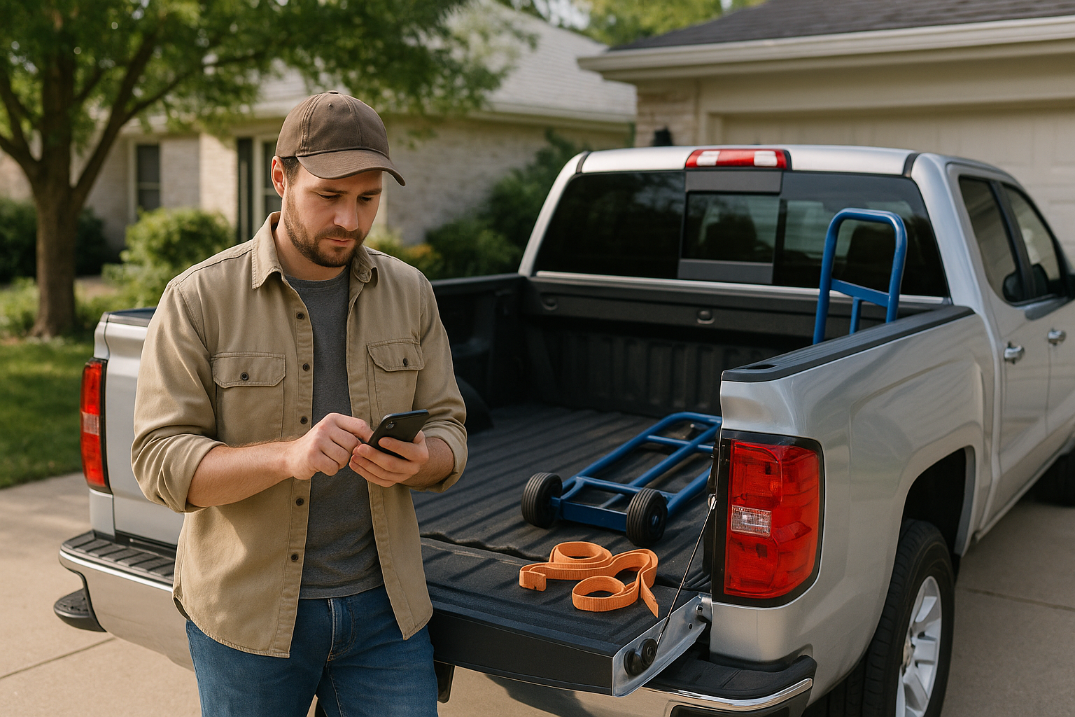 Pickup truck owner preparing a clear listing with hauling equipment in the truck bed