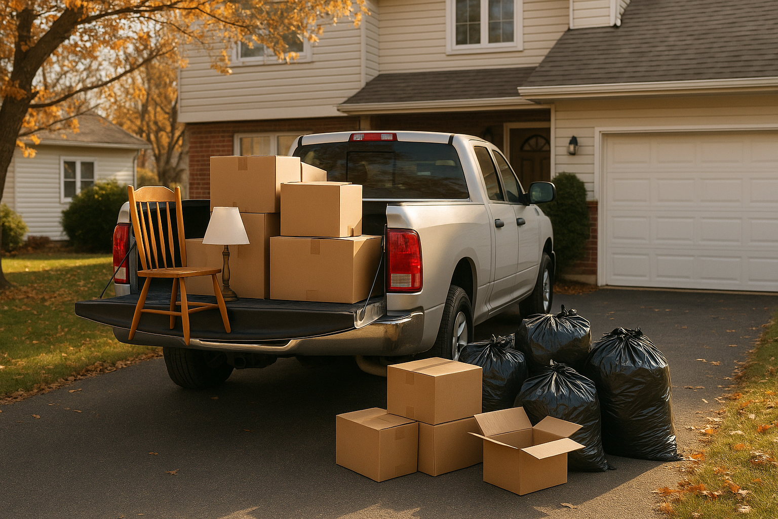 Pickup truck in a driveway beside boxes and small furniture from a one truckload cleanout.