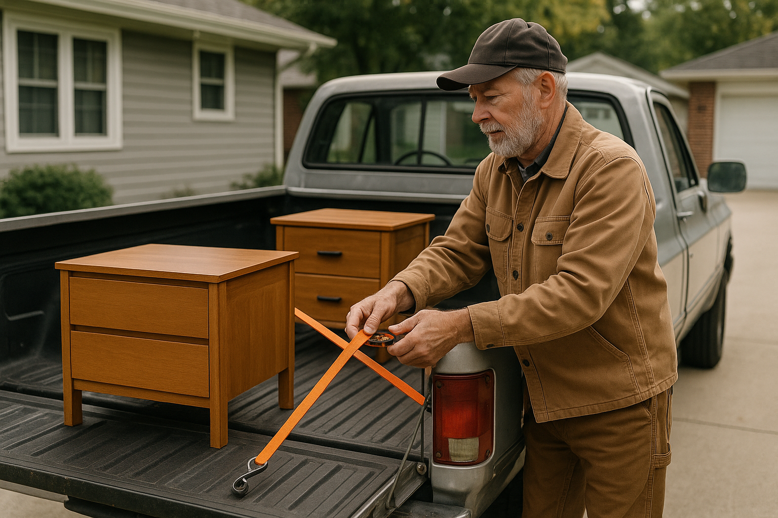 Retired pickup truck owner securing furniture in a truck bed for local hauling work