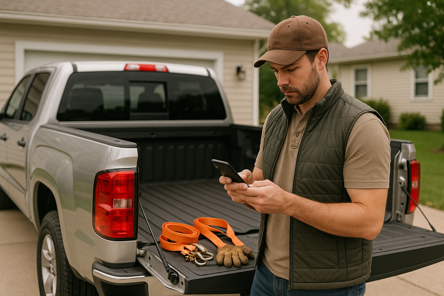 Pickup truck owner reviewing job details on a phone beside a truck with moving straps and gloves