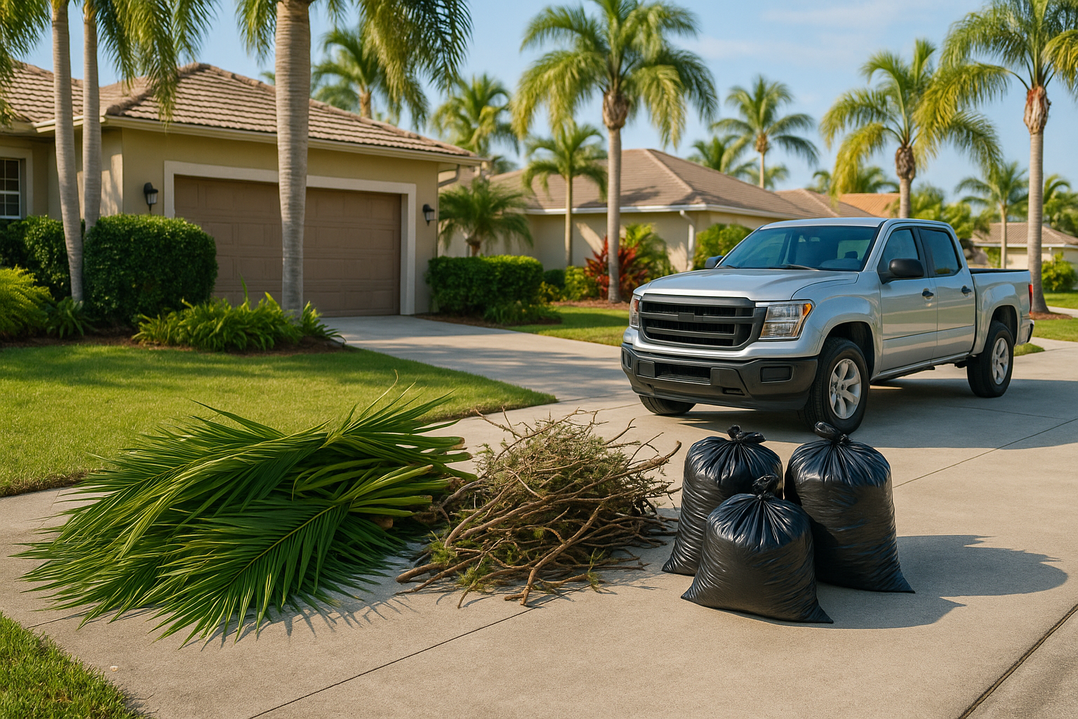 Stacked palm fronds and branches ready for yard waste hauling beside a pickup truck in Largo, Florida.