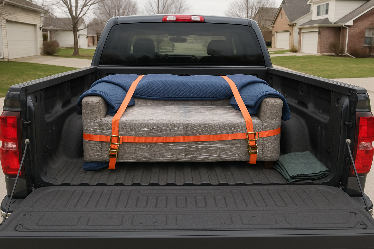 Couch wrapped in moving blankets and strapped securely in an open pickup truck bed