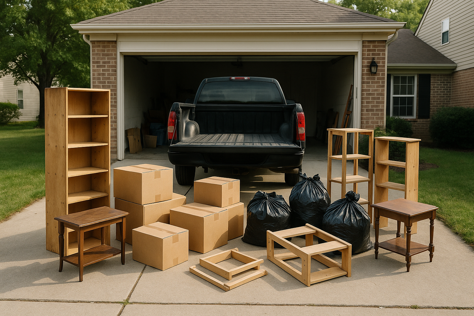 Pickup truck being loaded during a garage cleanout with boxes and bulky junk staged in the driveway.